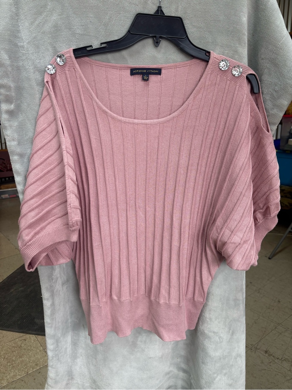 Adrienne Vittadini Rose Pink Ribbed Off-Shoulder Sweater with Shoulder Buttons